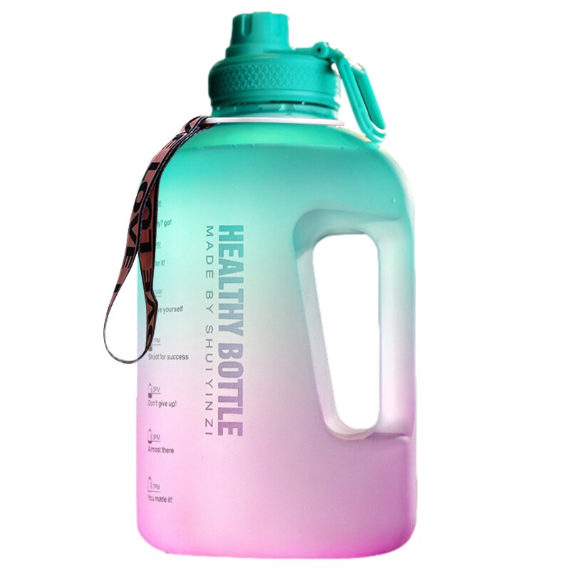 2.2L large capacity water cup sports fitness gallon straw big water bottle high temperature resistant plastic ton barrel: Gradient green pink