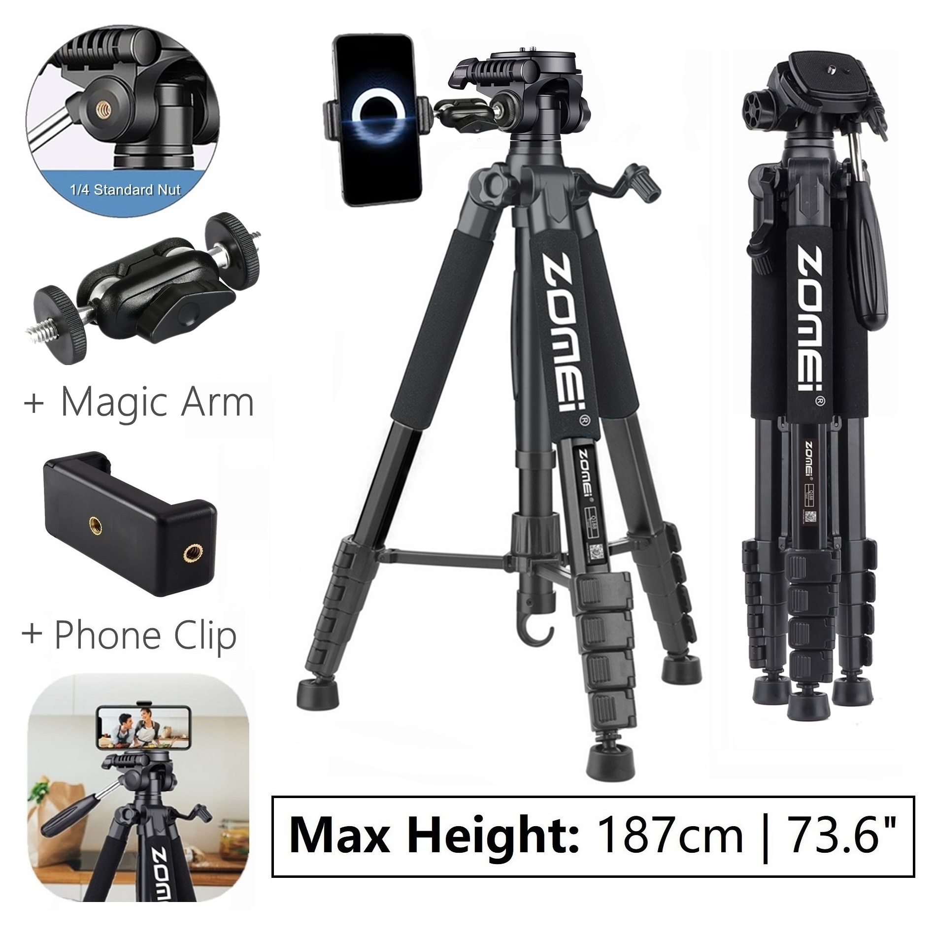 Kompaktowy aluminiowy statyw o przekątnej 187 cm/73,6 cala do lustrzanki cyfrowej Canon Nikon projektor teleskop 360 ° Panoramiczny stojak na telefon fotograficzny: Khaki światła