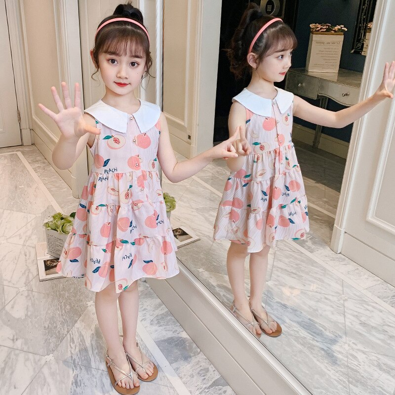Vestito estivo da ragazza vestito Casual da bambina a trapezio al ginocchio con stampa di frutta vestito da bambina elegante in cotone con fiocco in cotone per bambina