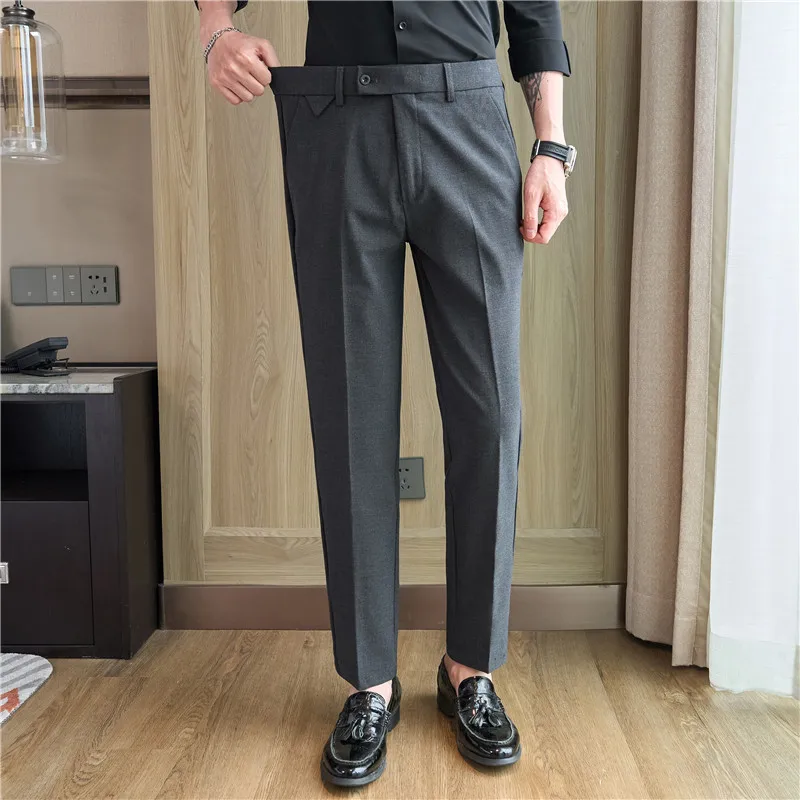 Men Suit Pants spring Elastic waist Solid Slim Fit Dress Pants Office Business Casual Trousers Men's clothing: 33 / Blue