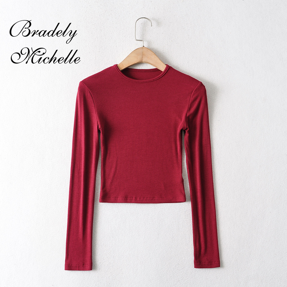 O-hals ensfarvede kvinder langærmede korte toppe sexet pullover bundbluser t-shirt crop top