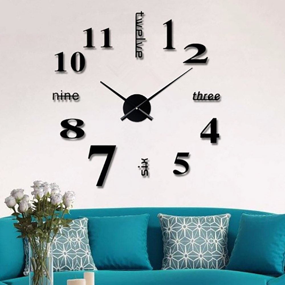 Top 3d vægur reloj de pared kvarts ur moderne diy ure stue store dekorative horloge murale klistermærker: Sort