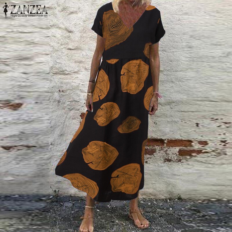 De las mujeres vestido de tirantes de verano estampado Retro vestido Maxi ZANZEA pantalón corto Casual manga Vestisdos mujer cuello en V bata de 5XL