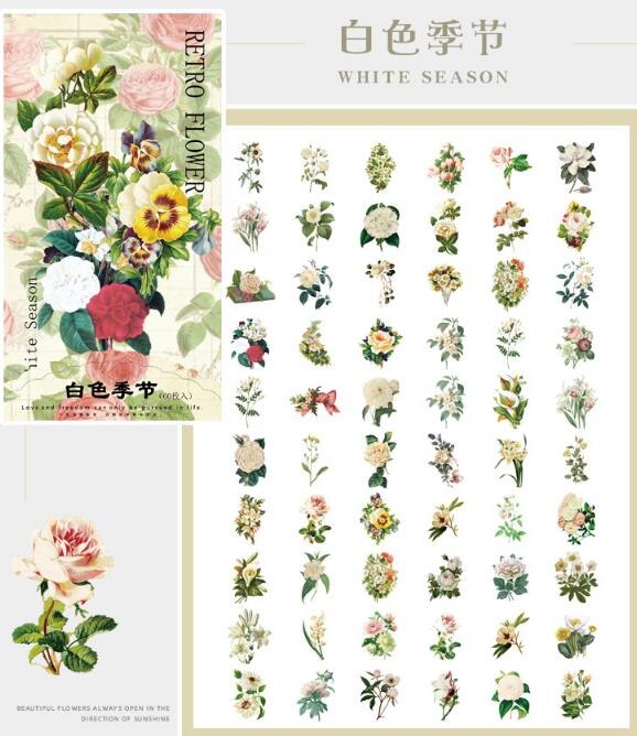 60Pcs Grote Maat Zwavelzuur Papieren Bloem Stickers Diy Scrapbook Basis Collage Mobiele Telefoon Case Dagboek Sealing Decoratie: E  60pcs 1bag