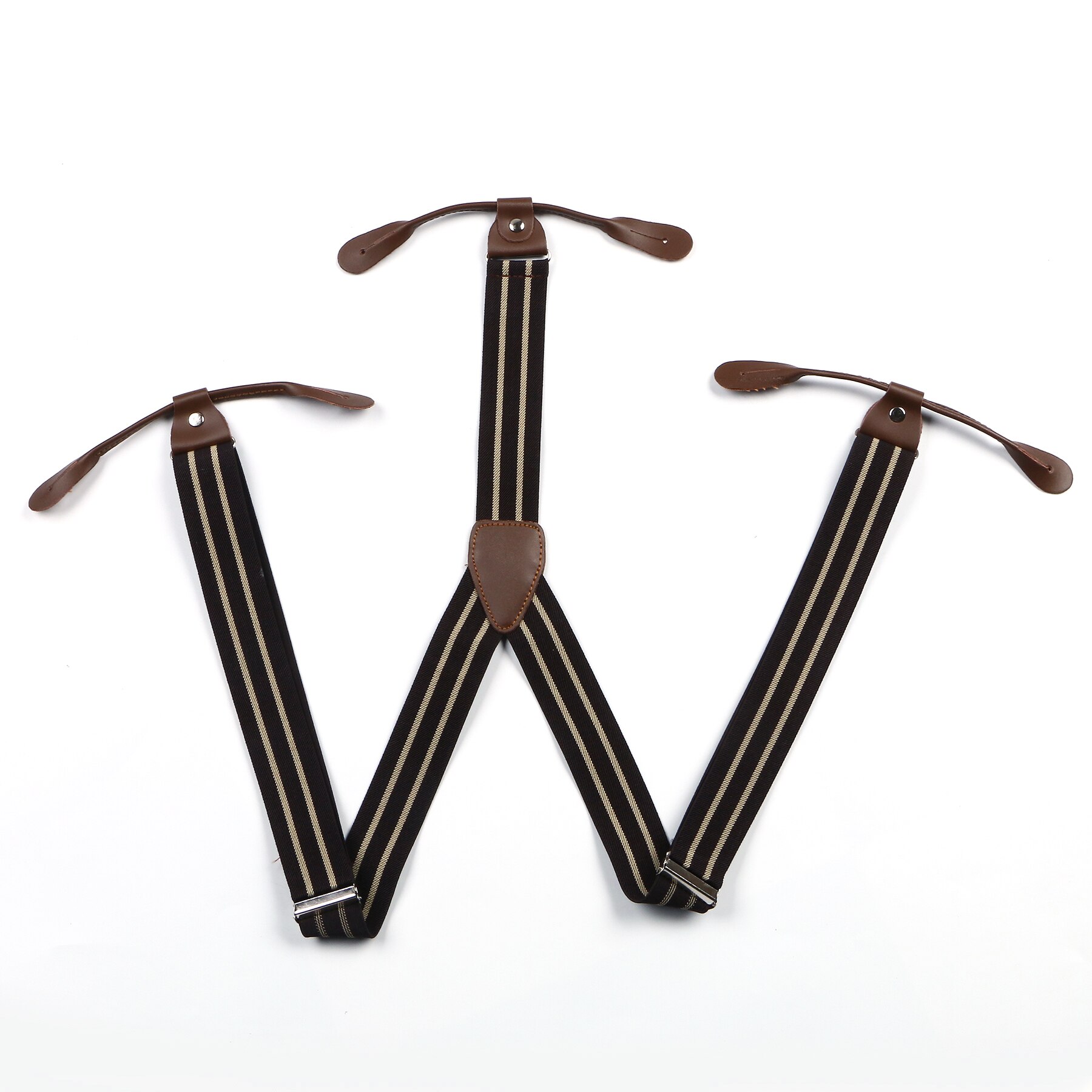 Braces Suspender Adjustable Leather Fitting Six Button Belt Dark Coffee Beige Striped Braces BD756