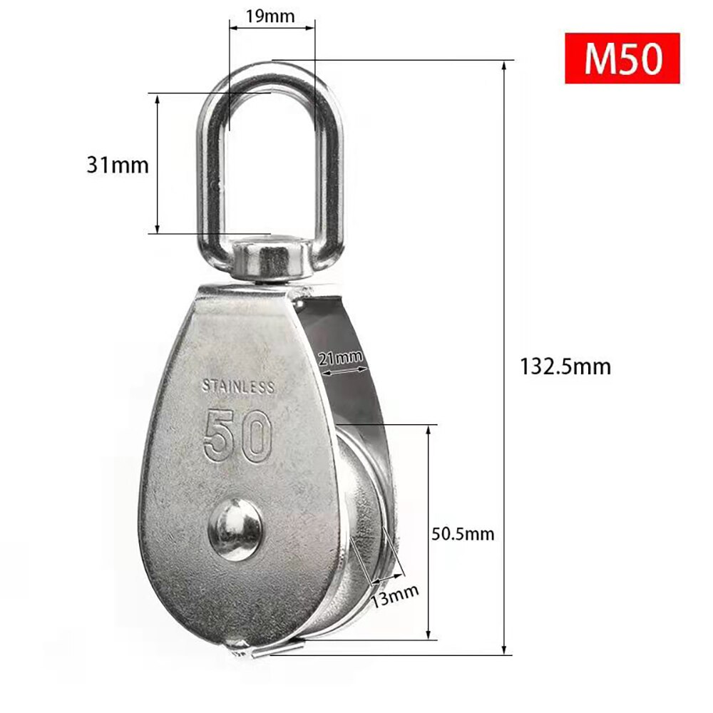 2 Pack M50 Single Pulley Block Heavy Duty 304 Stainless Steel Pulley Roller Crane Swivel Hook Wheel Fixed Pulley Swivel Rigging