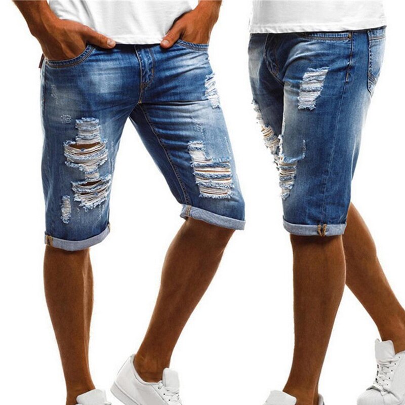 HEFLASHOR Summer Men's Stretch Short Jeans Vintage Slim Fit High Elastic Men Ripped Jeans Turn Up Cuff Fifth Pants Denim Shorts