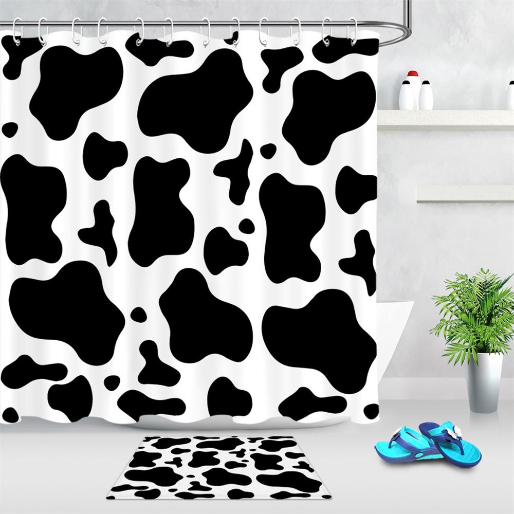 Cow Print Black and White Spots Bathroom Shower Curtain Waterproof Polyester Fabric Shower Curtain with Hooks Bathtubs Decor