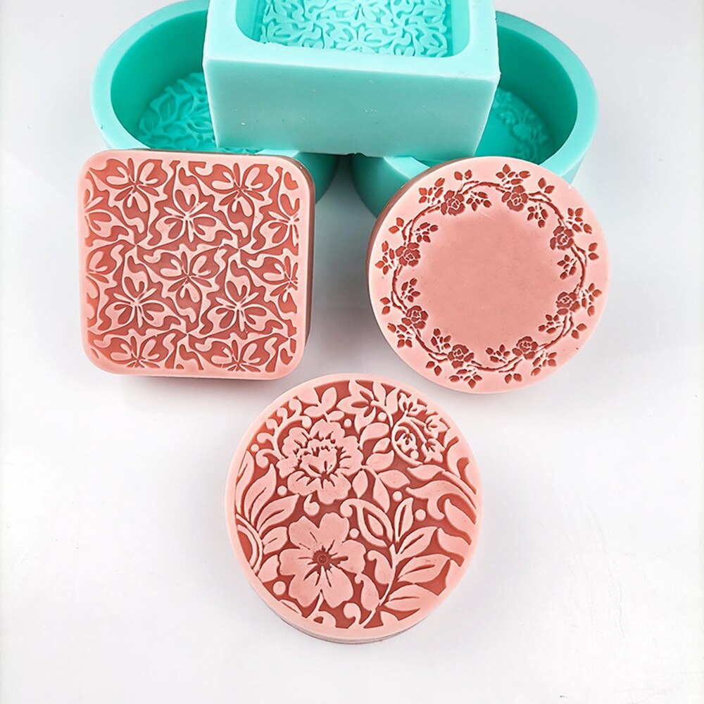 Padrão de flor artesanal sabão silicone molde diy esculpido quadrado redondo fazendo sabão silicone molde chocolate bolo ferramentas decoração