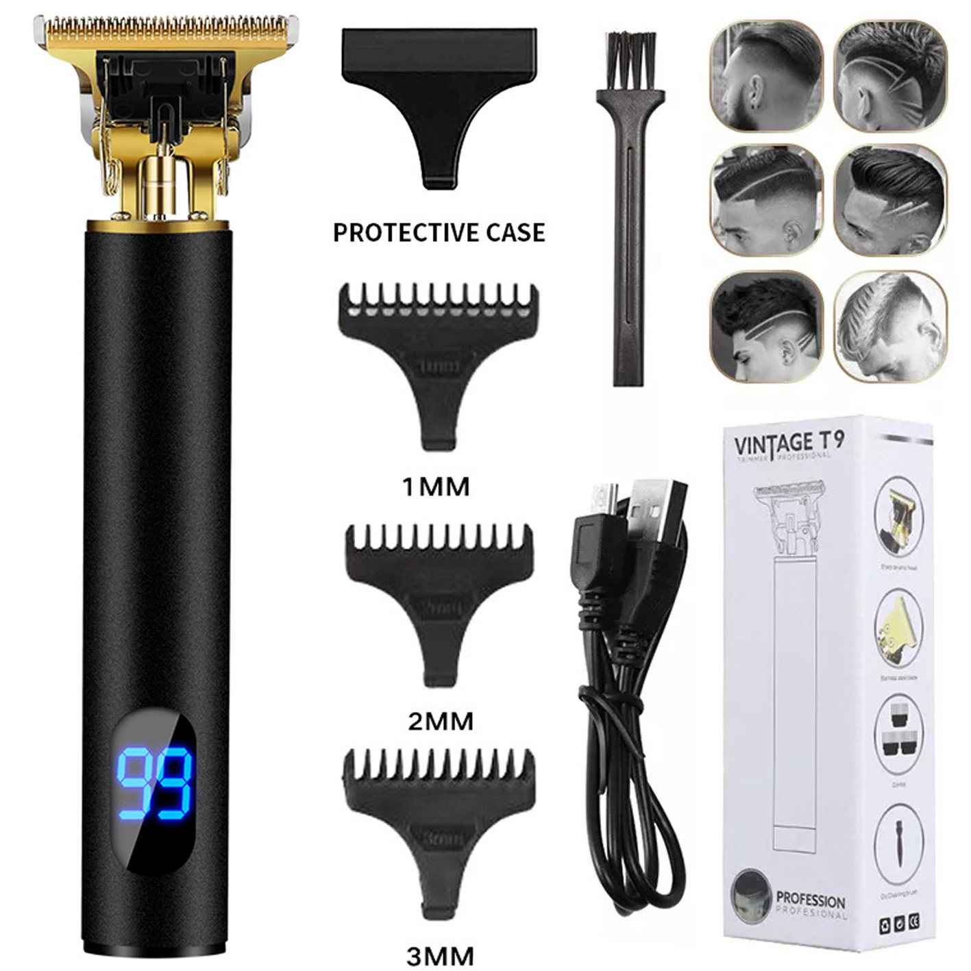 T9 électrique tondeuse à cheveux USB Rechargeable sans fil Machine de coupe de cheveux rasoir tondeuse à barbe Kit de coupe de cheveux électrique cisaillement à poussée: Rouge