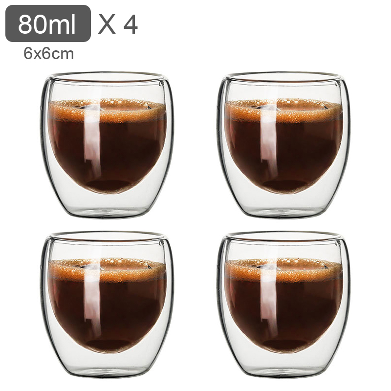80ML Double Wall Glass Cup Transparent Handmade Heat Resistant Tea Drink Cups MINI Whisky Cup 100 centigrade Espresso Coffee Cup: 80ml x 4
