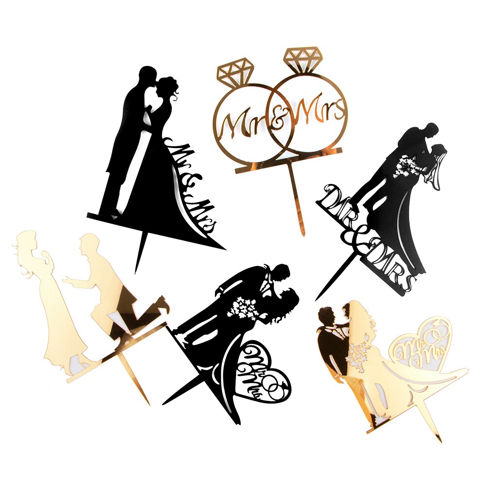 1Pcs Wedding Cake Topper Bride Groom Mr Mrs Acrylic Black Gold Cake Toppers Wedding Decoration Mariage Party Supplies