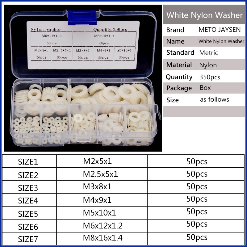 350pcs White Nylon Washer Flat Gasket M2 M2.5 M3 M4 M5 M6 M8 Plastic Sealing O-rings Assortment Kit Protection Washer M28NLB201: M28NLB201 x1