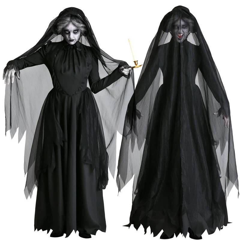 Cosplay horror strega donna spaventoso zombie vampiro halloween carnevale costume spettrale fantasma medievale mantello con cappuccio giorno dei morti
