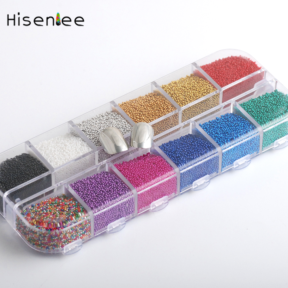 Hisenlee 12 Kleuren 1Box Micro Bal Micro Crystal Nail Caviar Kralen Glazen Trend Caviar Nail Art Decorations Tips Nail art Set