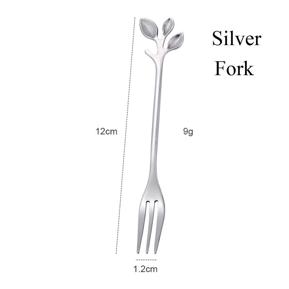 Dessert Utensils Small Branches Leaf Home &amp; Kitchen Coffee Spoon Fruit Fork Upscale Dinnerware Tea Scoops: silver-Fork