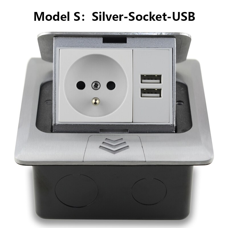 French Standard Socket With USB Charging Port Fast Pop-Up Floor Socket 2 Way Power Outlet Aluminum Alloy Material Office 16A: Silver-Socket-USB