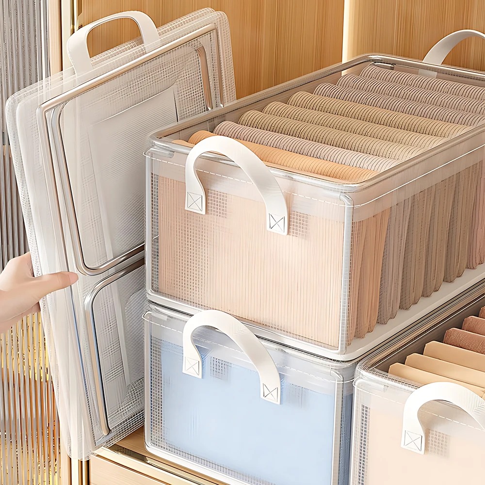 Clothes Storage Box Household Wardrobe Clothes Layered Finishing Box Transparent Folding Storage Basket Frame Artifact