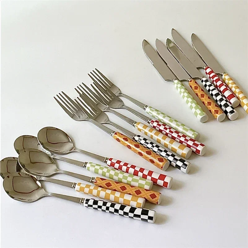 3 stks/set Rvs Mes Vork Lepel Dambord Keramische Handvat Bestek Set Westerse Servies Dessert Vork Mes Lepel