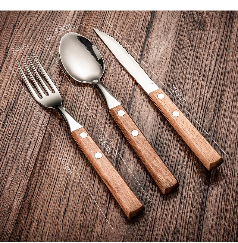 304 bordsæt i rustfrit stål træhåndtag ske bøfkniv gaffelske dessertske