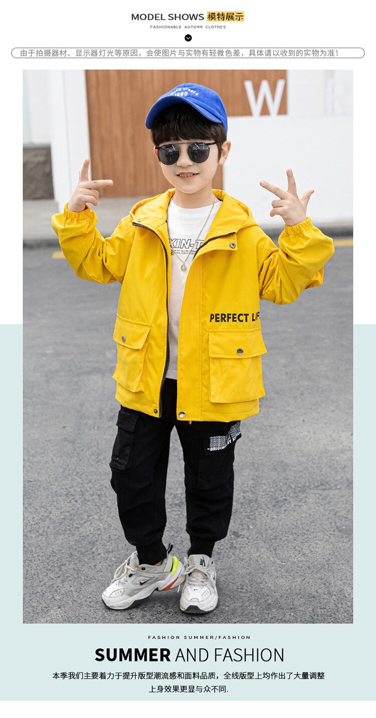 Children Outerwear Teenager Trench Coats Boys Coats and Jackets Letter Printed Boys' Hooded Windproof Kids Jacket Windbreaker: Yellow / 140cm