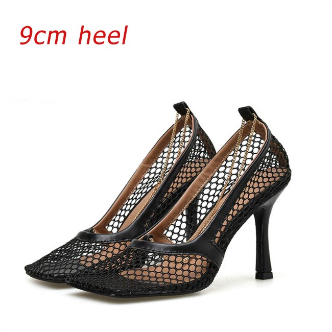 Monmoira vintage square toe stretch pumps kvinder guld kæde høje hæle sko kvinder air mesh dame sko swb 0224: Sort 9 / 7