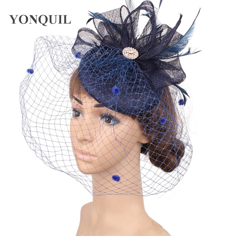 Sinamay Chic cheveux maille accessoires de mariage Fascinator mariée voiles chapeau bandeau femmes dames Occasion casque Net points: navy