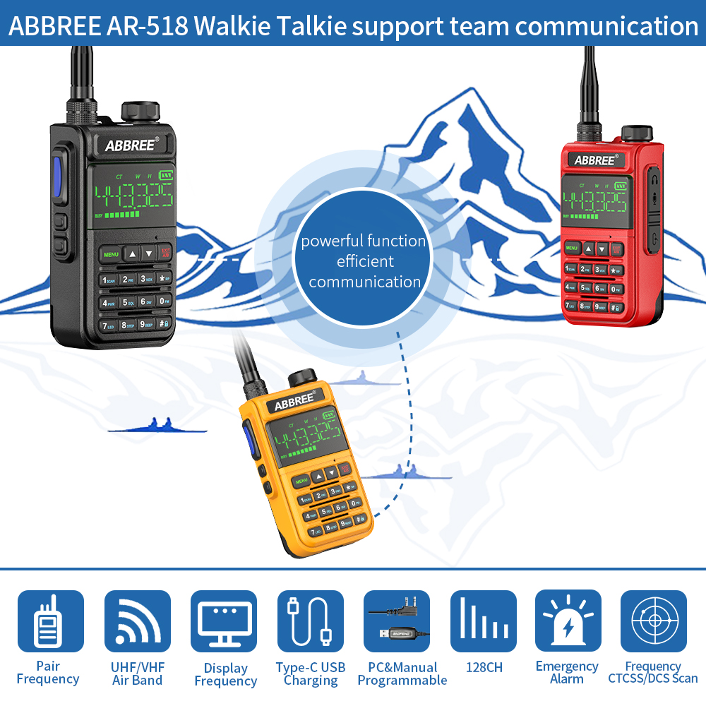 ABBREE-walkie-talkie de banda aérea AR-518, Radio de 2 vías con pantalla integrada, frecuencia de copia inalámbrica de 108 &quot;, 660-1,77 MHz