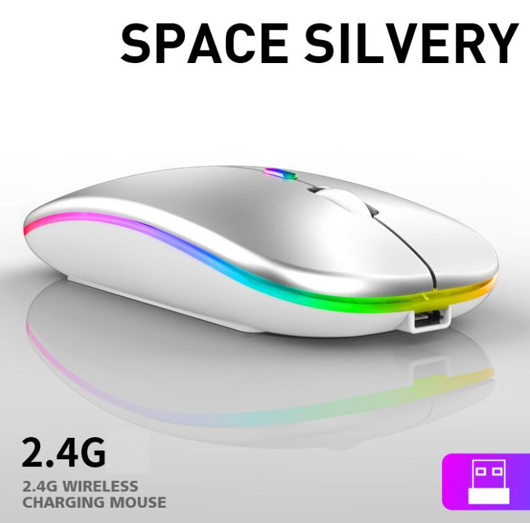 Bluetooth 5.0 Dual-Mode Charging Mouse Mute Notebook Game Female Student 2.4G Wireless Mouse Luminous DPI 1600: 2 4G Emitting Space Silver