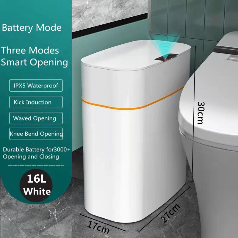 Smart Trash Can Intelligent Sensor Dustbin Electric Automatic Rubbish Can Waterproof Dustbin Household Kitchen Toilet Bin: 16L Battery White