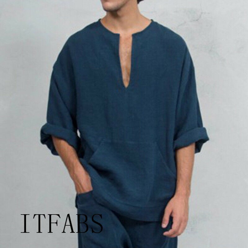 Hommes à manches longues chemise en lin lâche été décontracté col en v dessus de chemise M-3XL Tee-Shirt ethnique lâche grande taille couleur unie chemises: Marine Bleu / XXXL