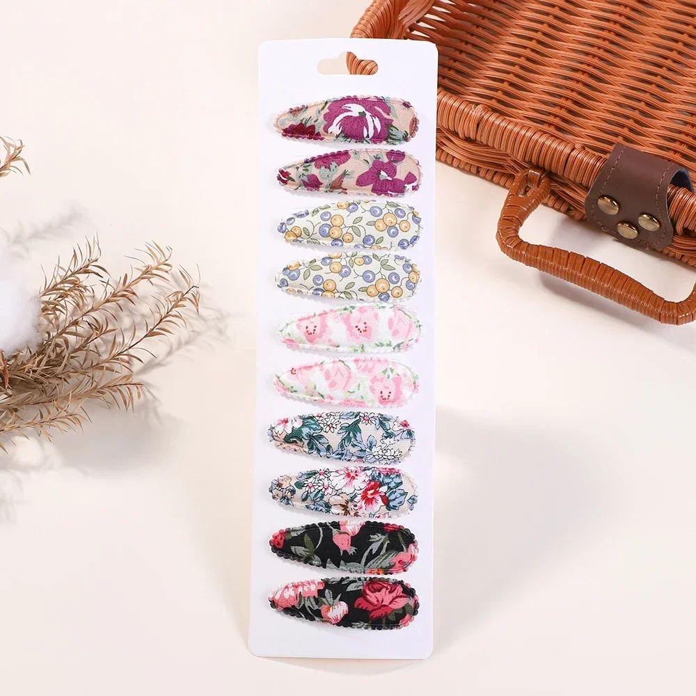 10Pc/Lot Ins 2.2inch Flower Print Cotton Alloy Hair Bow Snap Clips Set Fabric Plaid Bobby Hairpins Hairgrips Girls Kids Headwear: Lavender