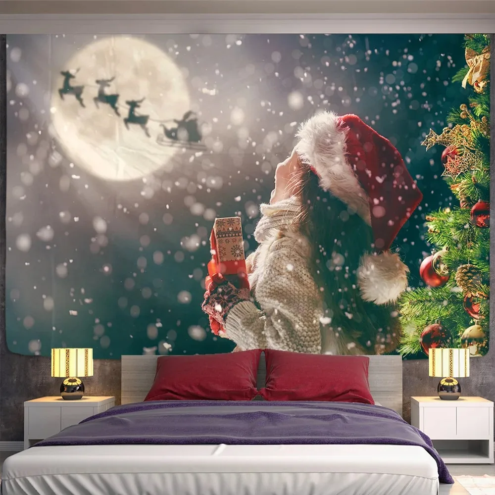 Tapisserie Scène Neige Noël - Polyester 100% Décoration Murale Chambre Salon: 200x220cm / Brun olive