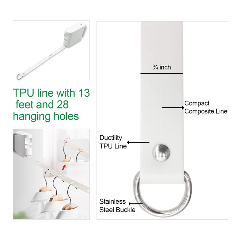 Retractable Clothesline,Wall Mounted,Heavy Duty Widened Drying Laundry Clothes Line with Windproof Hanging Holes(White)
