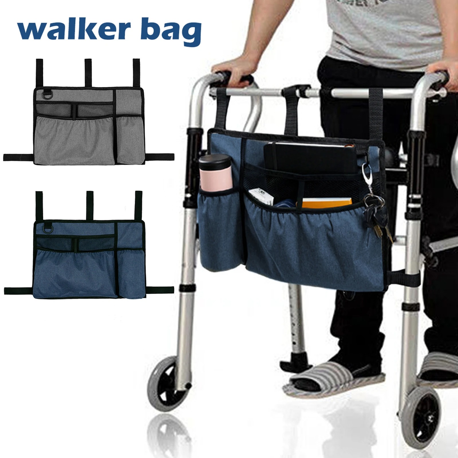 Walker Bag Basket with Cup Holder Suit for Adult Folding Walkers Seniors, Elderly, Handicap Carry Storage Pouch Organizer
