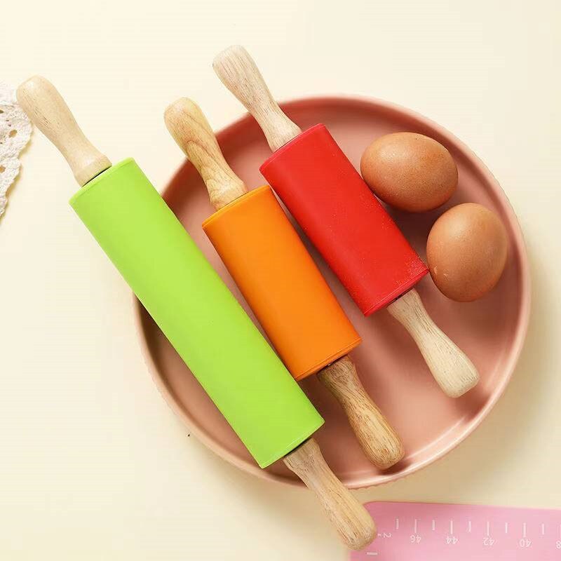 Non-Stick Silicone Rolling Pin Wooden Handle Pastry Dough Flour Roller Kitchen Cooking Baking Tool for Pasta Cookie Dough Tools