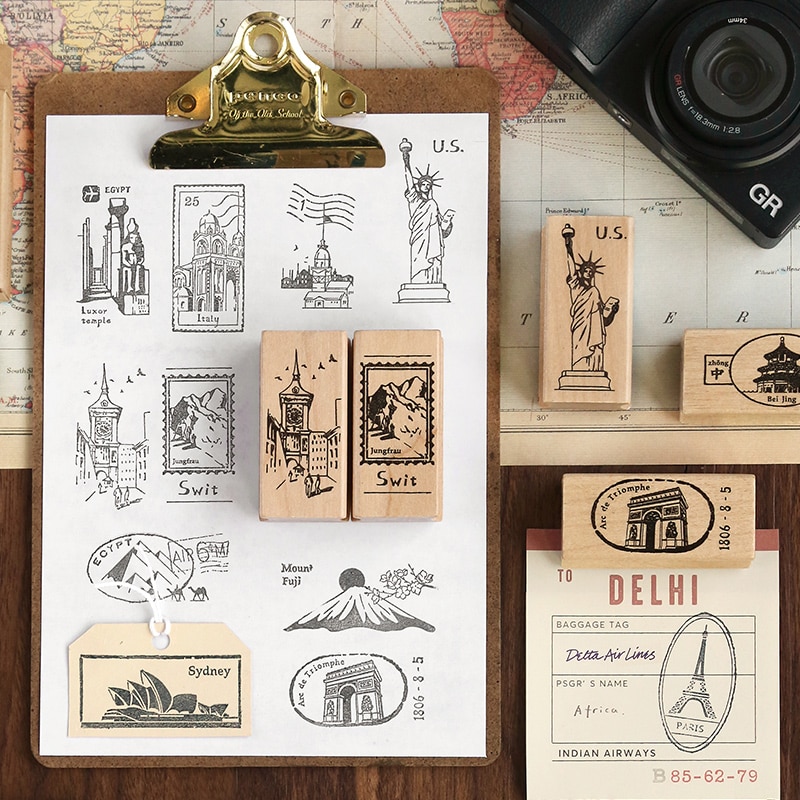 Tampons de voyage Vintage, tampons de voyage dans le monde, tampons en caoutchouc, tampons en bois, tampons standard, pour papeterie scrapbooking, DIY bricolage, 2 pièces/ensemble