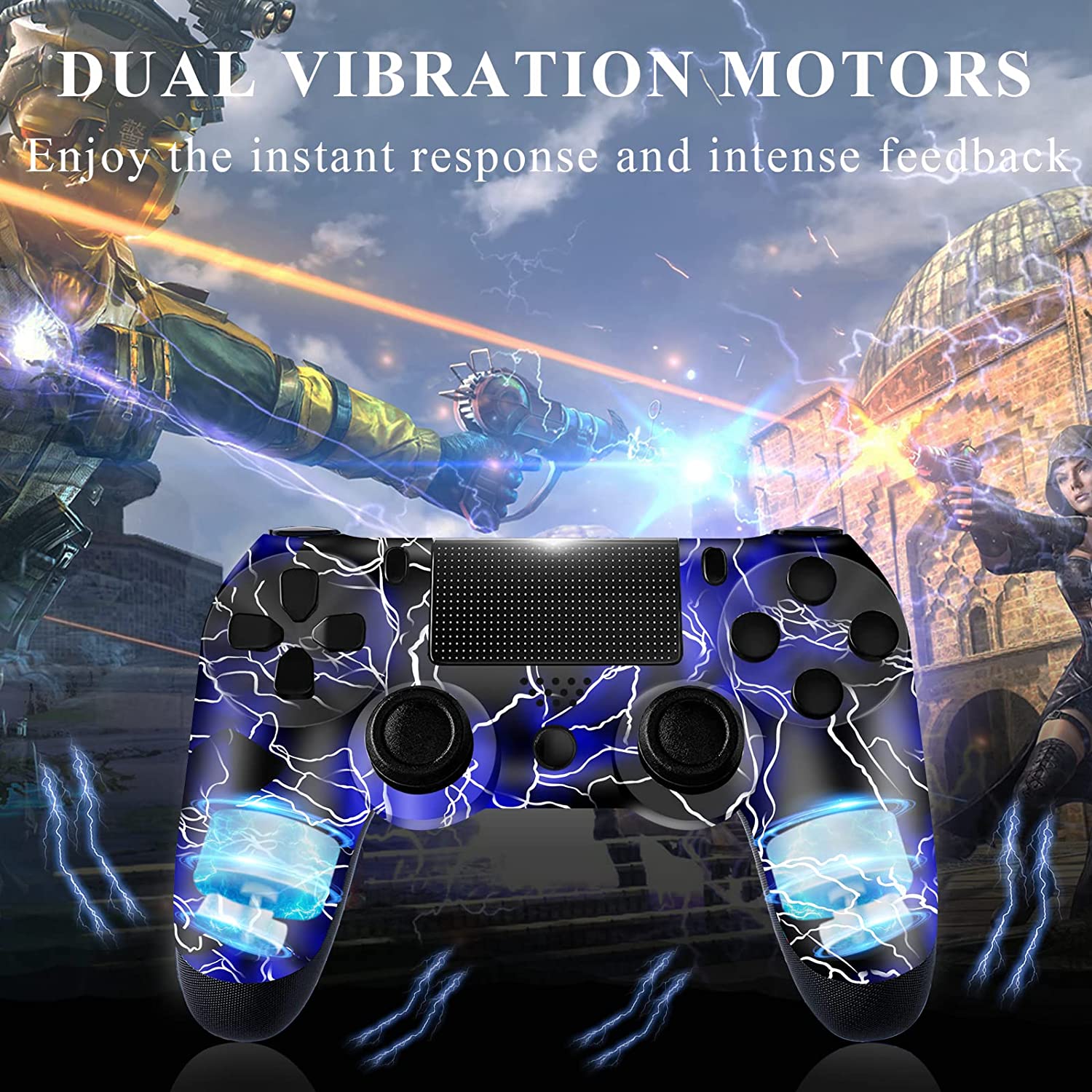 Mando PS4, Mando Inalámbrico para Playstation 4, Controlador Inalámbrico Gamepad Doble Vibración para Playstion 4, Bluetooth Joystick PS4 con Cable y Agarres para el Pulgar