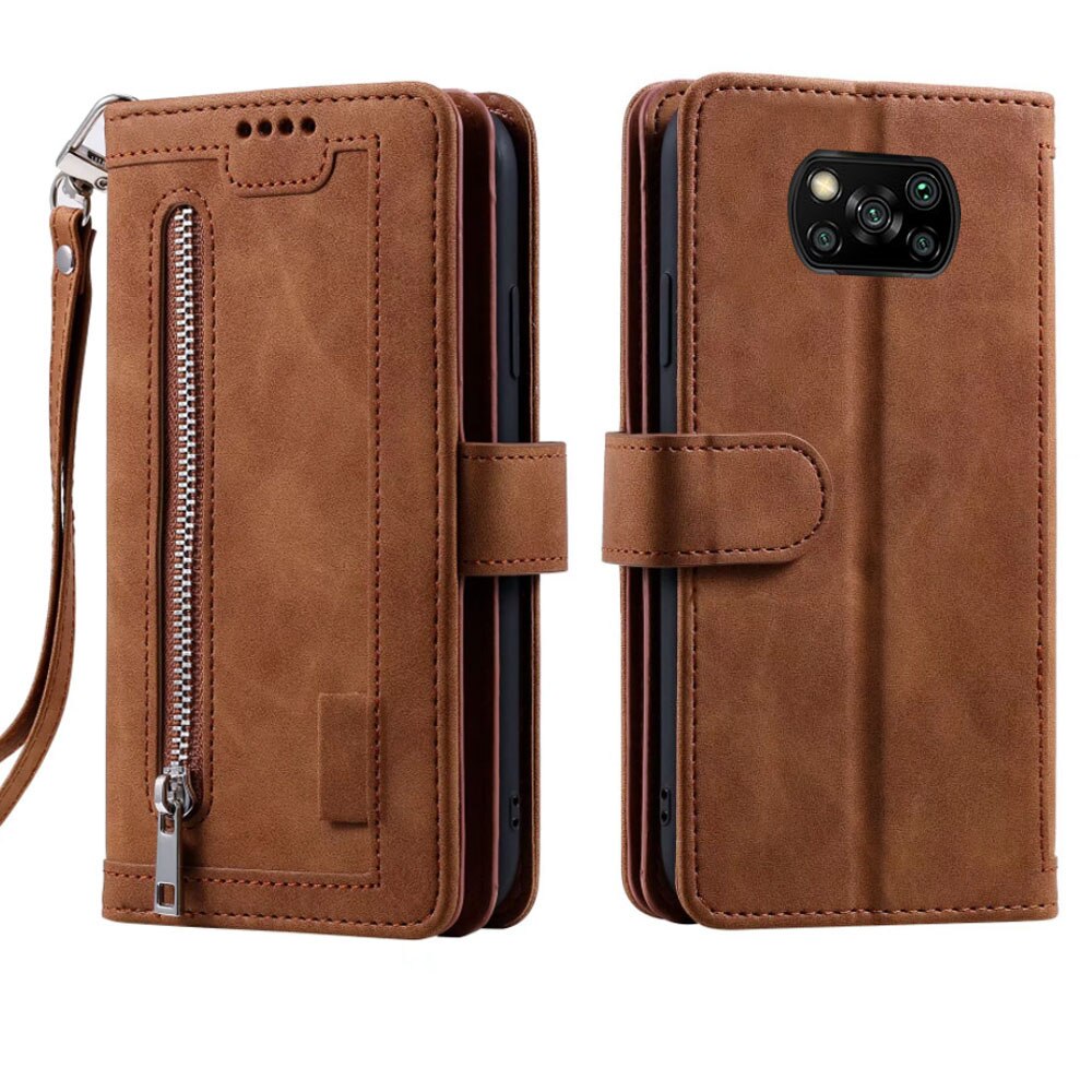 9 Kaarten Wallet Case Voor Xiaomi Poco X3 Nfc/X3 Pro Telefoon Geval Card Slot Rits Flip Folio Met polsband: For Poco X3 Pro / Brown