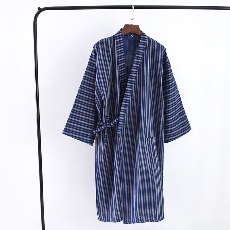 Blødt gaze bomuld herreklæde klassisk japansk stil kimono morgenkåber hjem morgenkåbe nattøj mandlige stribede badekåber