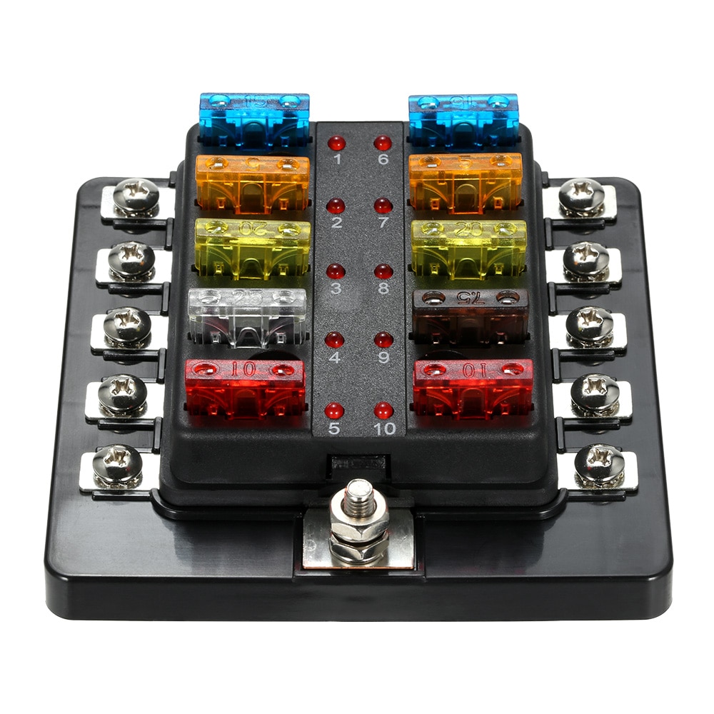 10 Way Blade Fuse Box with LED Indicator Fuse Block for Car Boat Marine Caravan 12V 24V