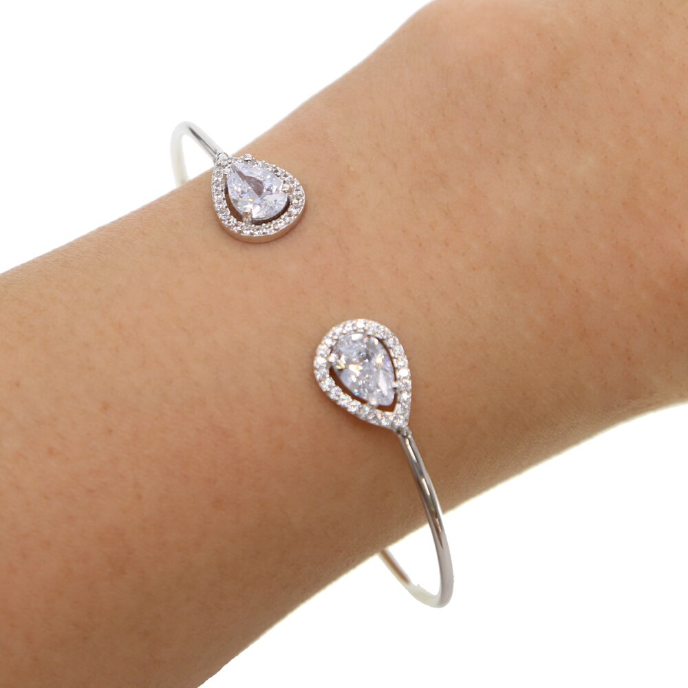 Aberto manguito pulseira 2018 moda jóias uso diário pêra lágrima gota cz dupla face zircônia cúbica matal fio pulseiras
