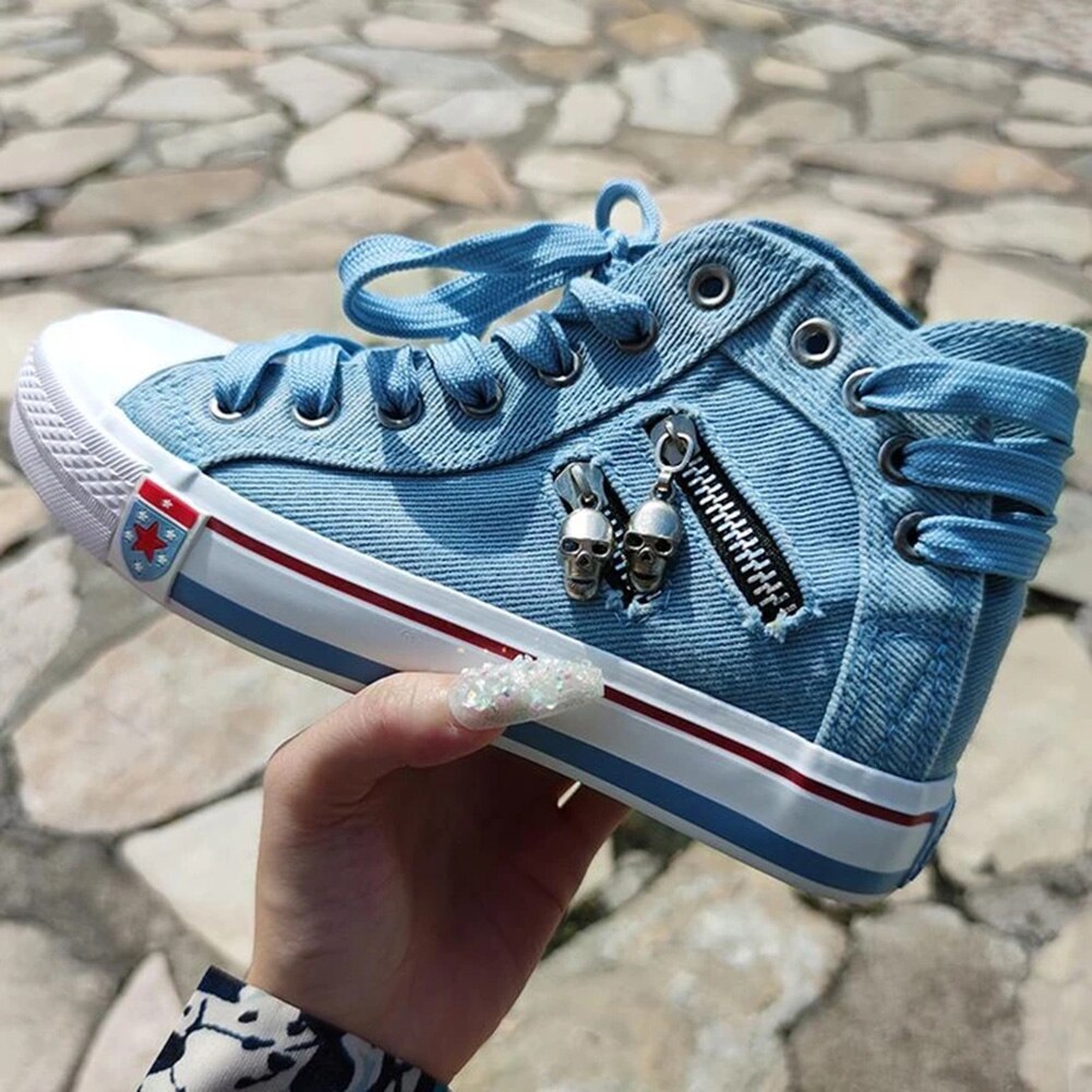 Kvinders denim high-top ryg blonder lærred sneakers sko pige teenager student sko  ed889