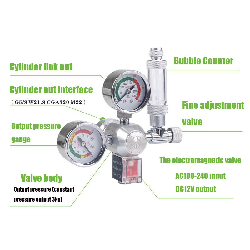 ZRDR/ Aquarium CO2 Regulator with Check Valve Bubble Counter Magnetic Solenoid Valve Aquarium CO2 Pressure-reducing Valve