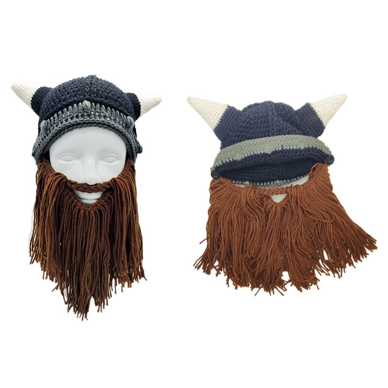 Funny Viking Beard Beanie Beard Hat Viking Horns Bearded Caps Parent-Child Knit Helmet Removable Thermal for Winter