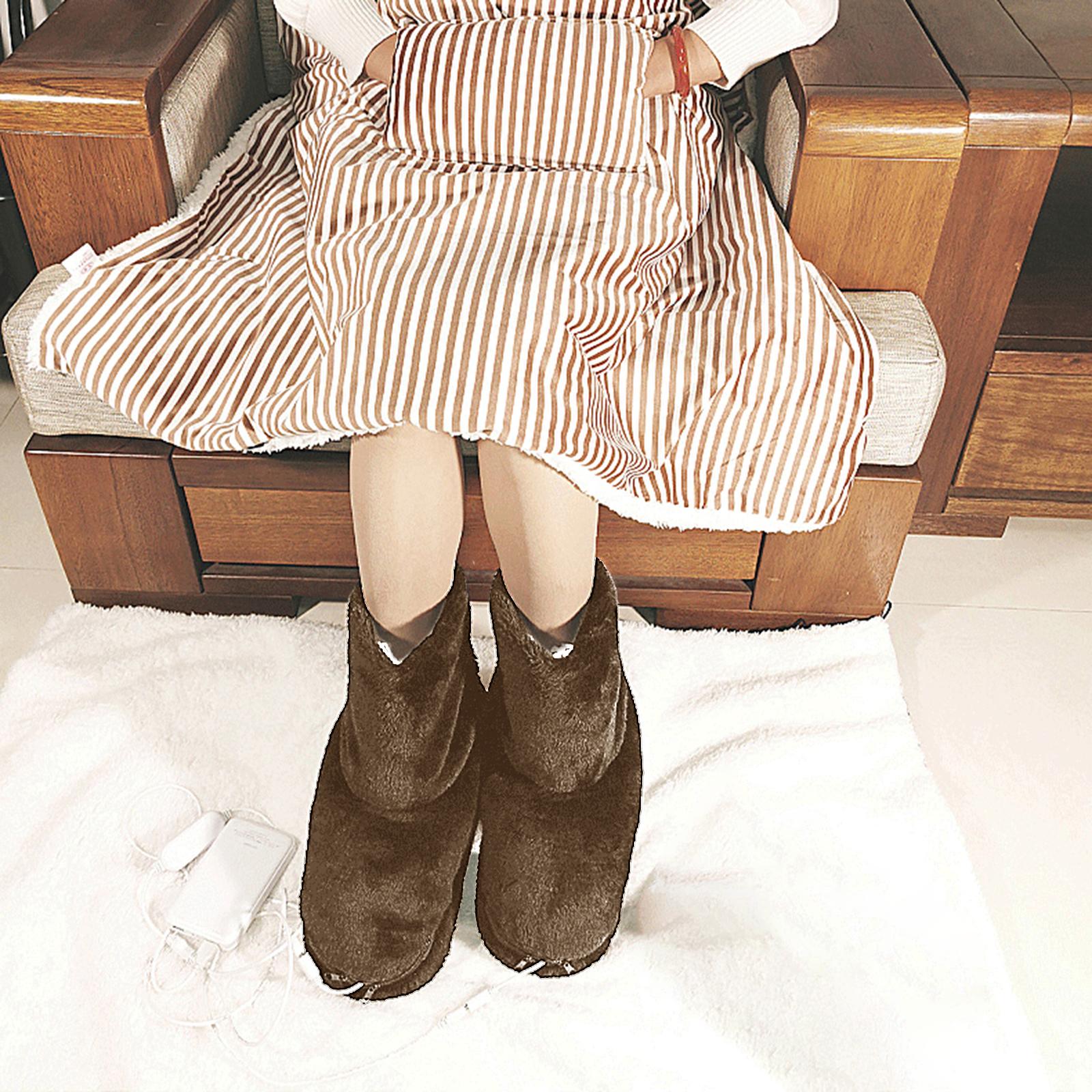 Chaussures chauffantes USB, en peluche, lavables, confortables et chaudes pour l'hiver, bottes chauffantes électriques, chargeur USB, pantoufles, pour le bureau: Coffee