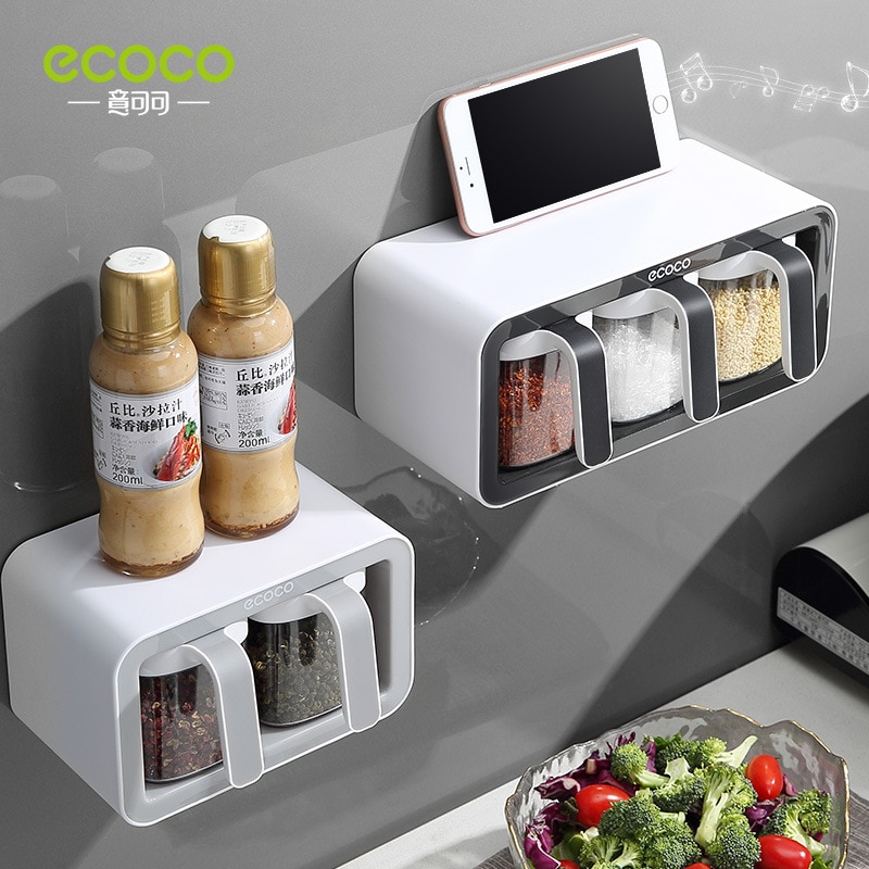 Wall Mount Spice Rack Organizer Sugar Bowl Salt Shaker Seasoning Container Spice Boxes With Spoons Kitchen Supplies Storage Set