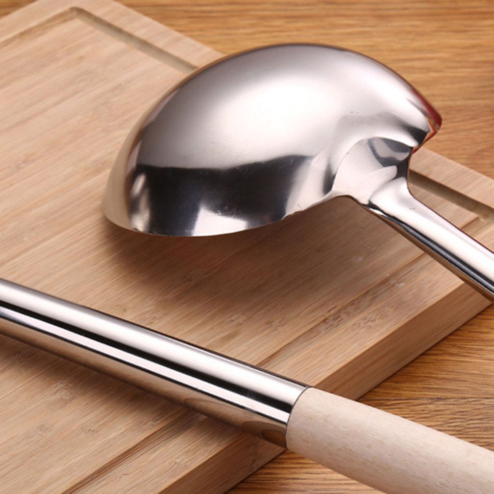 Stainless Steel Cooking Shovel With Wooden Handle Portable Household Spoon Cook's Frying Spoon Stir Fry Spoon