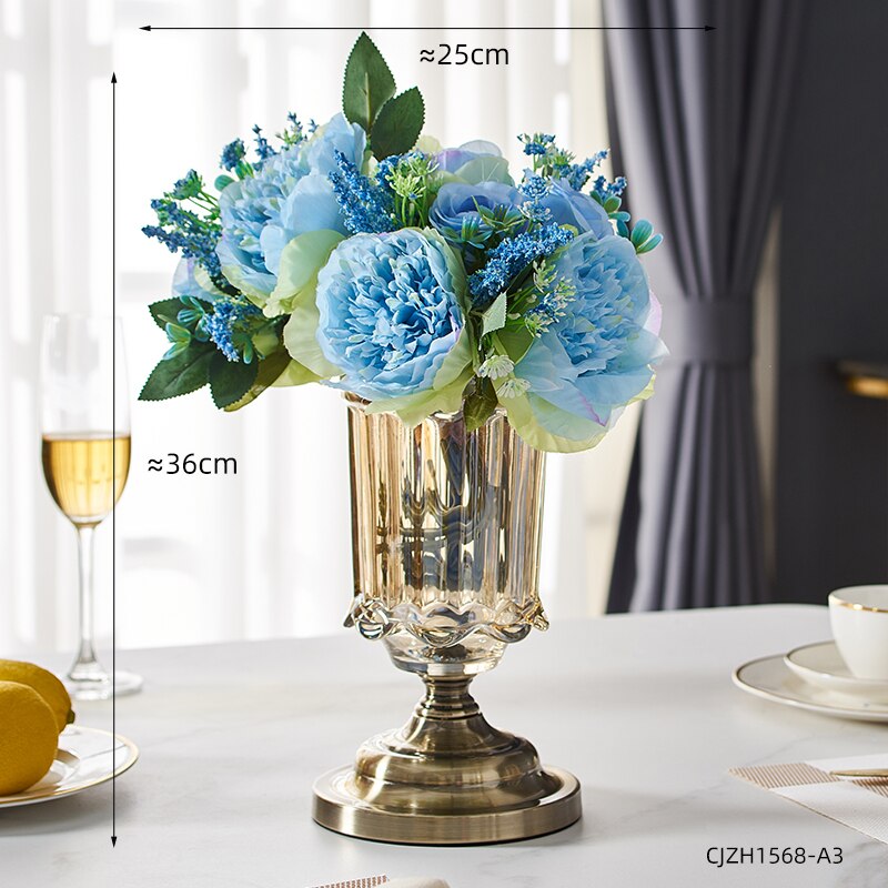 De lujo de florero de vidrio nórdico, decoración para el hogar moderno arreglo con flores artificiales de la boda jarrón de decoración de terrario Decoración Para sala de estar: C