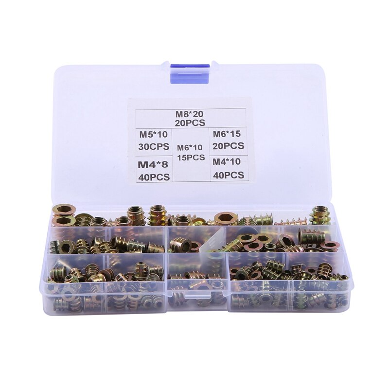 Threaded Inserts Nuts, Wood Insert Assortment Tool Kit, M4/M5/M6/M8 Furniture Screw Inserts Bolt Fastener(165 PCS)